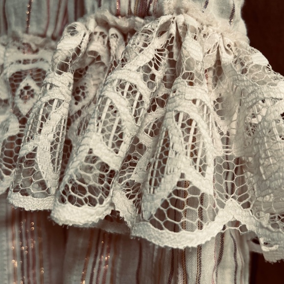 Chloe Laetitia Paris L Peasant Striped Gauze Romper Lace  Crochet Off Shoulder - Picture 14 of 16